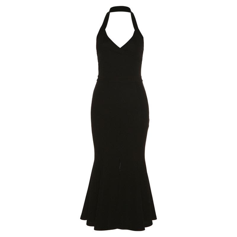 Halter Surplice V-Neck Front Slit Mermaid Bandage Knit Maxi Gown
