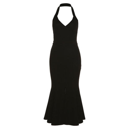 Halter Surplice V-Neck Front Slit Mermaid Bandage Knit Maxi Gown