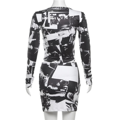 Long sleeve print crewneck mini skirt set
