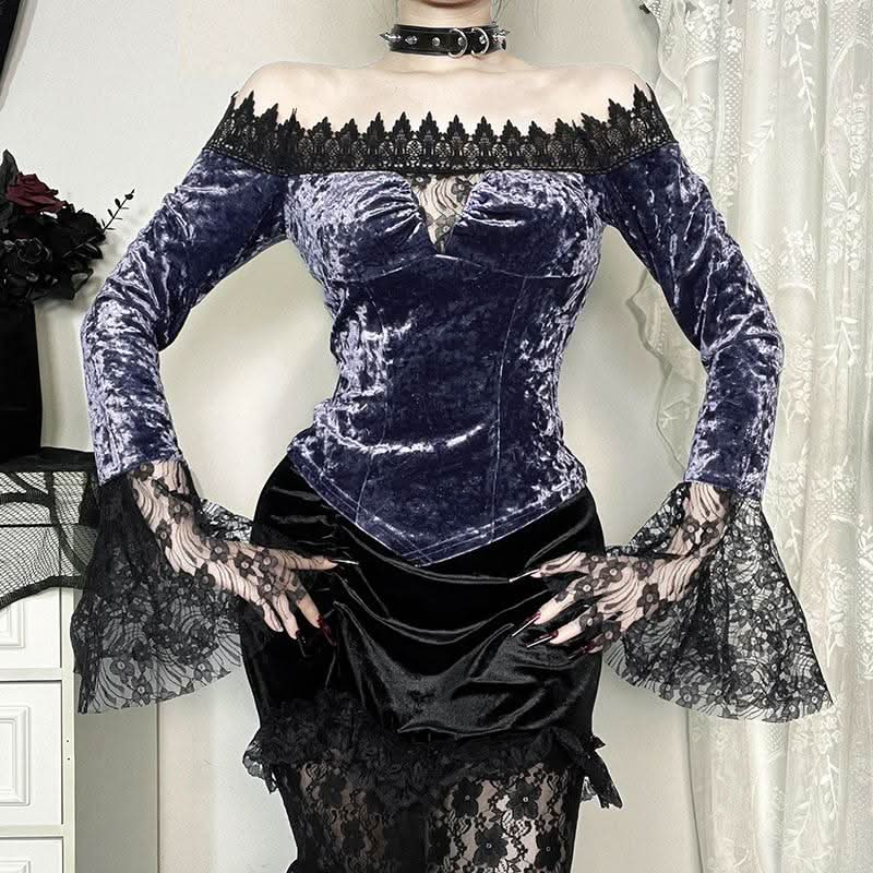 Off shoulder long flared sleeve velvet top