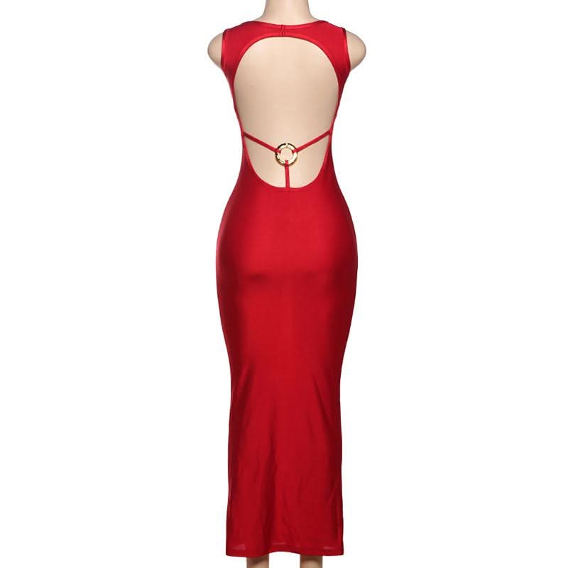Hollow out o ring v neck backless cut out maxi dress