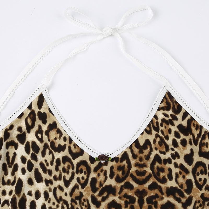 Leopard print halter v neck flower applique cami top