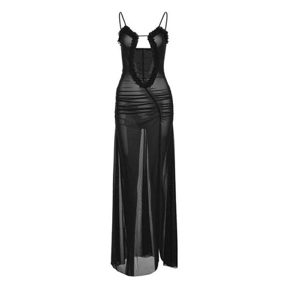 Sheer mesh hollow out ruched high slit cami cut out maxi dress