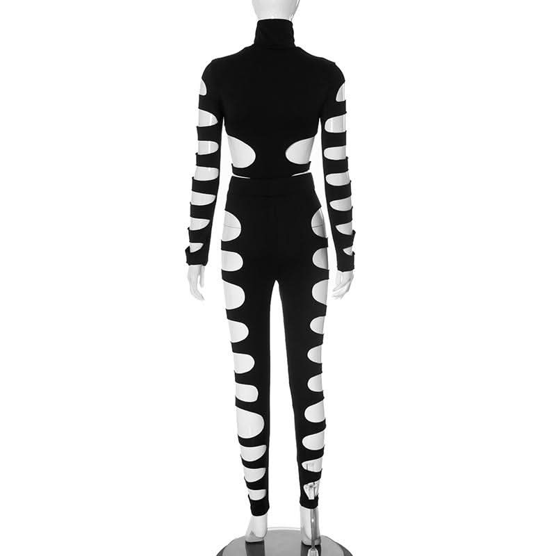 High neck long sleeve hollow out pant set