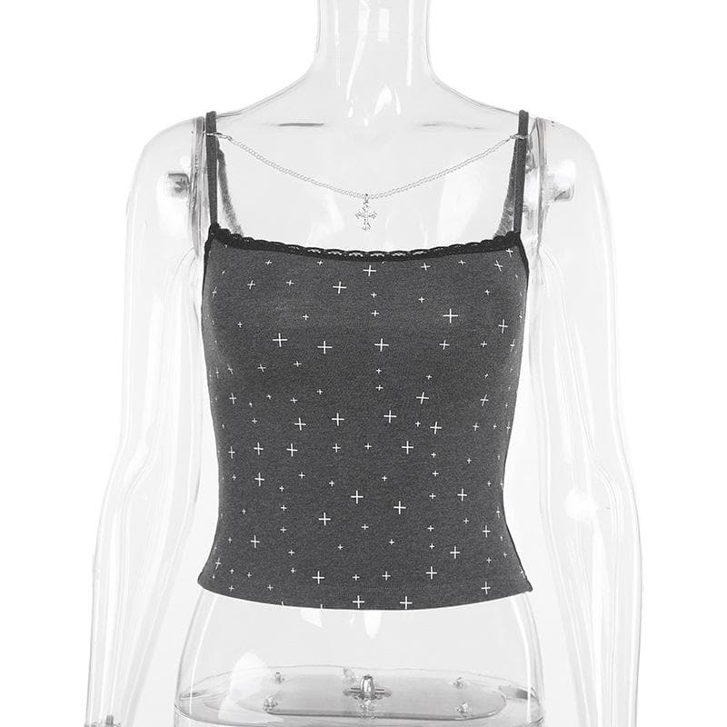 Print lace hem beaded backless cami top