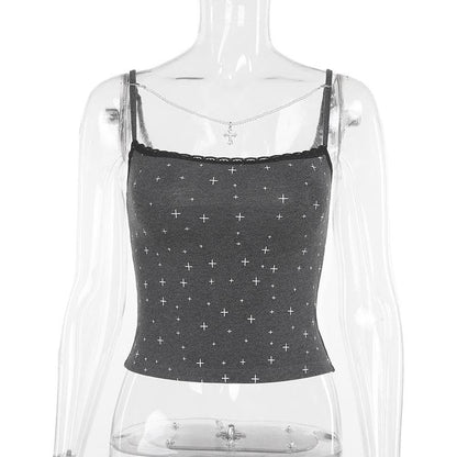 Print lace hem beaded backless cami top