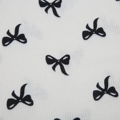 Off shoulder bowknot ribbed print top