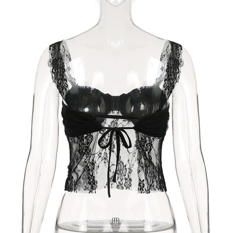 Lace ruched backless self tie cami top