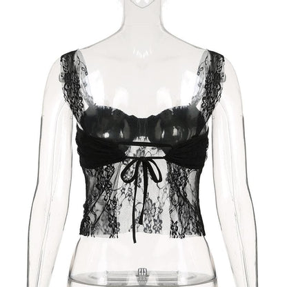 Lace ruched backless self tie cami top