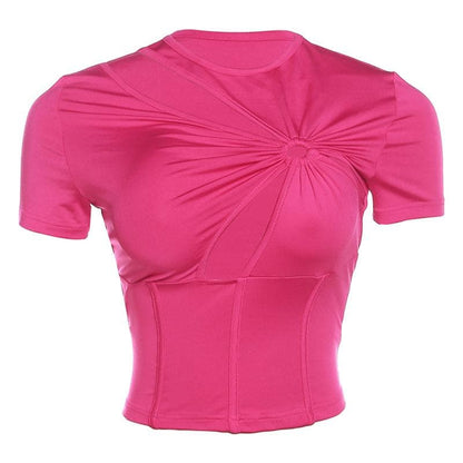 Short sleeve crewneck ruched hollow out corset cut out top