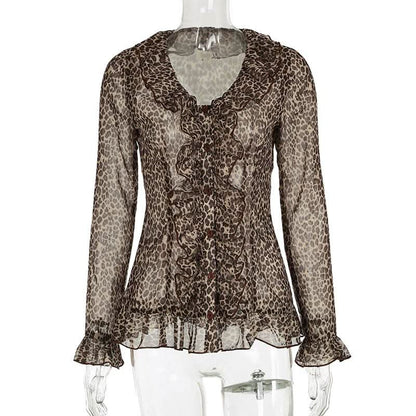 Leopard print long sleeve chiffon ruffle button top