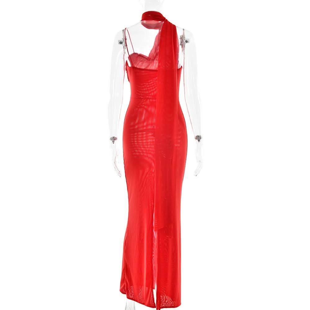 Halter mesh slit backless maxi dress