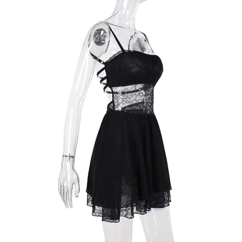 Patchwork lace ruched backless cami mini dress