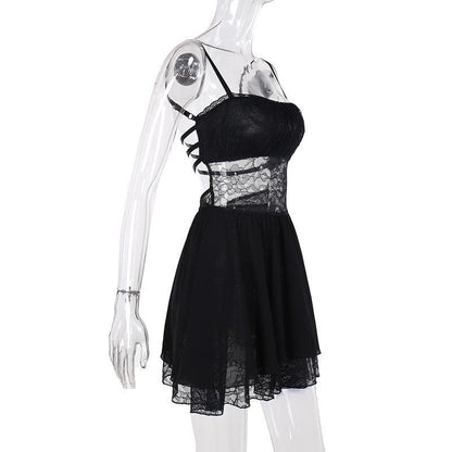 Patchwork lace ruched backless cami mini dress