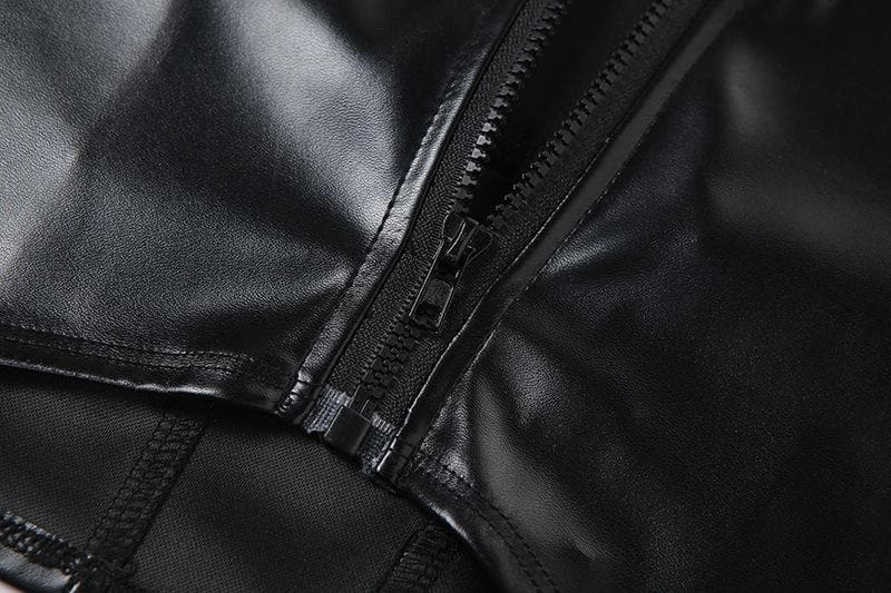 Halter PU leather buckle zip-up stitch solid top