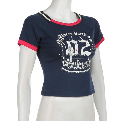 Short sleeve letter print contrast stitch top