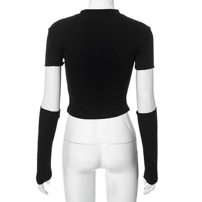 Short sleeve gloves hollow out bowknot crop cut out top