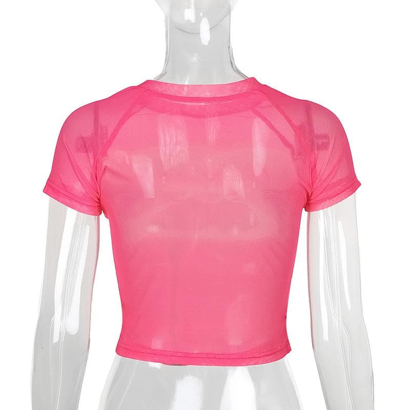 Short sleeve sheer mesh print crop top
