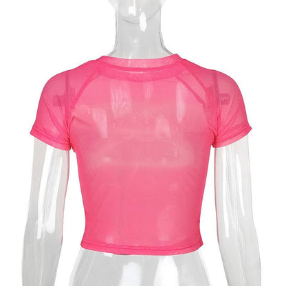 Short sleeve sheer mesh print crop top