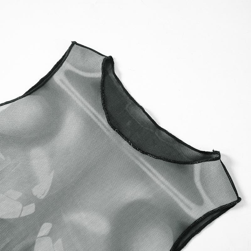 Sleeveless crewneck body print sheer mesh maxi dress