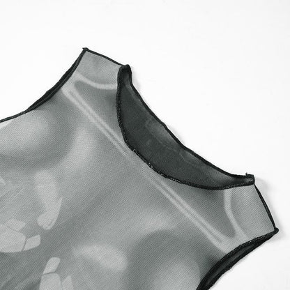 Sleeveless crewneck body print sheer mesh maxi dress