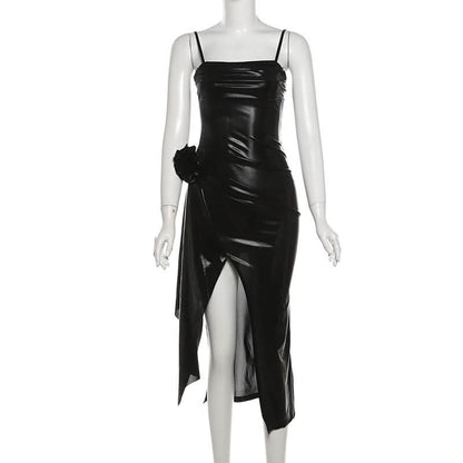 PU leather slit flower applique cami midi dress