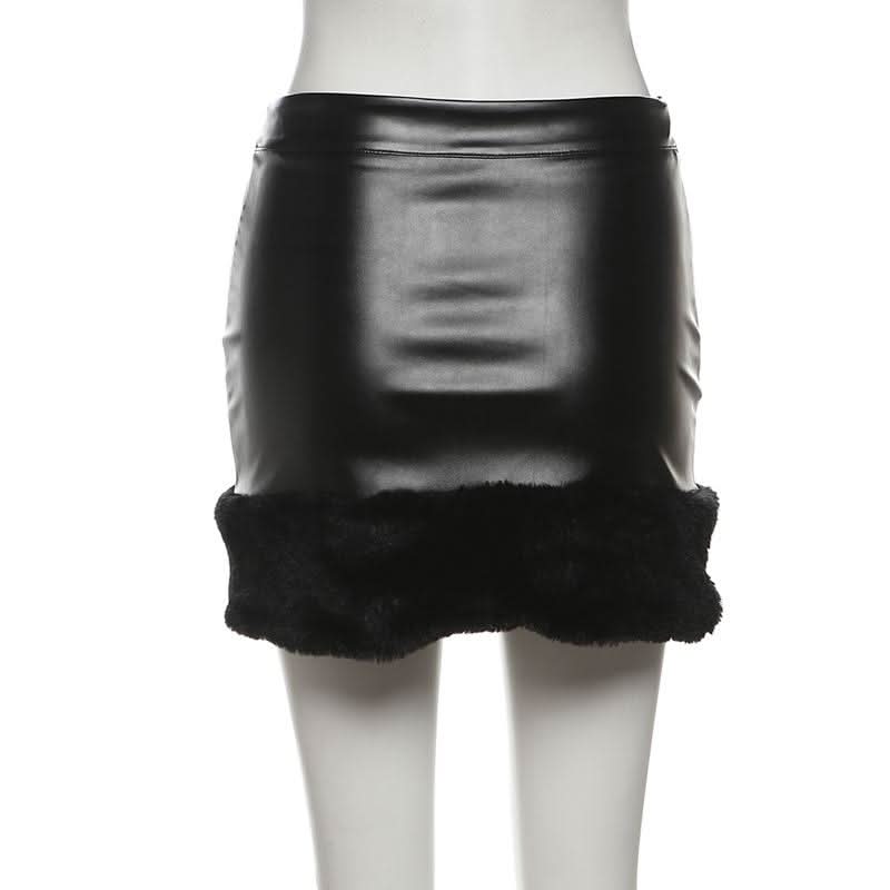 PU leather fluffy patchwork zip-up mini skirt