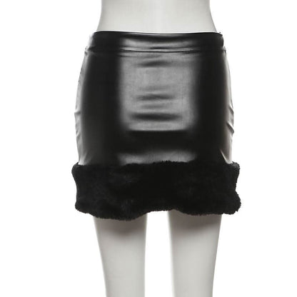PU leather fluffy patchwork zip-up mini skirt