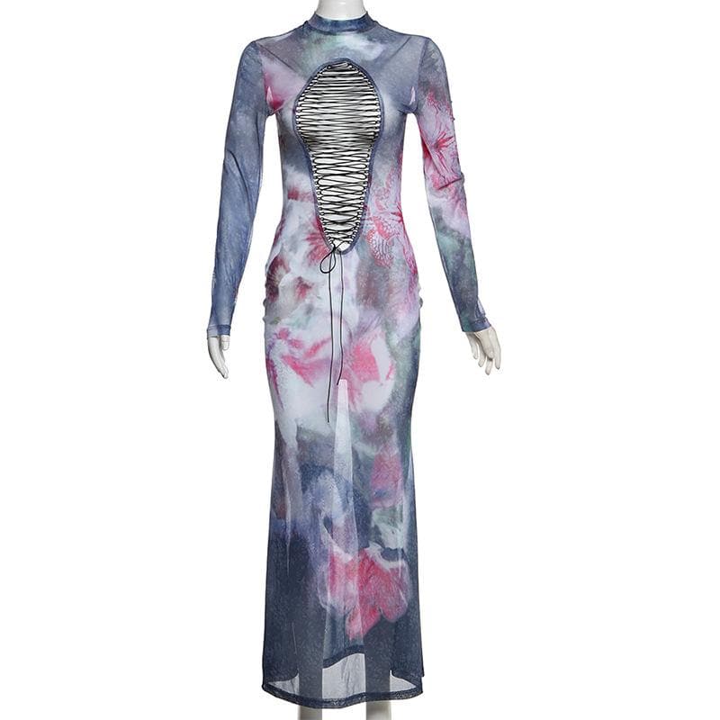 Long sleeve print sheer mesh lace up maxi dress