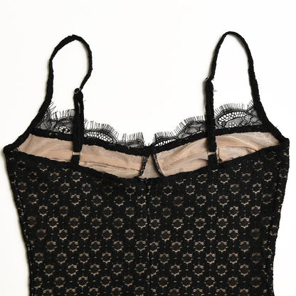 Mesh contrast lace hem zip-up backless cami mini dress