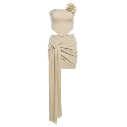 Ruched knotted flower applique tube mini skirt set