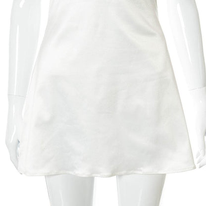 Lace hem satin ruched hollow out backless cami cut out mini dress