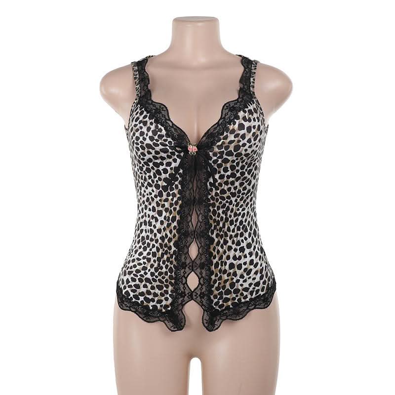 Leopard print lace hem hollow out v neck cut out top