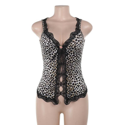Leopard print lace hem hollow out v neck cut out top