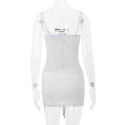 Bowknot lace up lace hem mesh cami mini dress