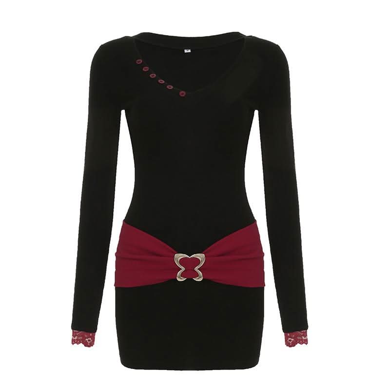 Long sleeve v neck butterfly metal buckle mini dress