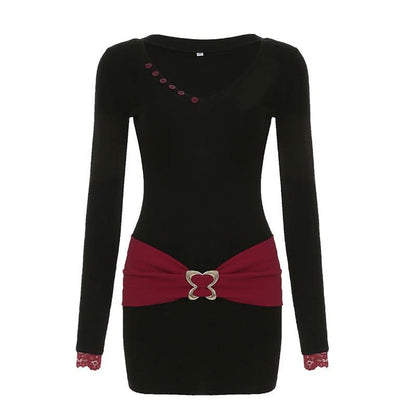 Long sleeve v neck butterfly metal buckle mini dress