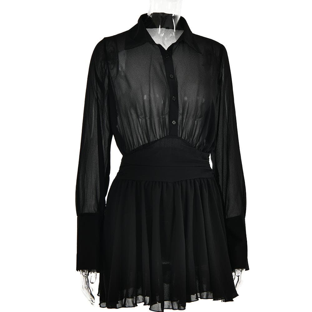 Spread Collar Deep V Ruched Waist Ruffled Cuff Mini Dress