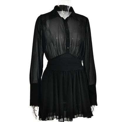 Spread Collar Deep V Ruched Waist Ruffled Cuff Mini Dress