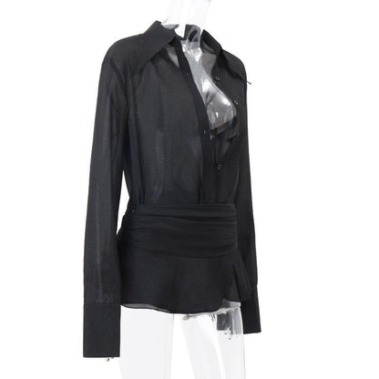 Button turnover collar long sleeve solid mini skirt set