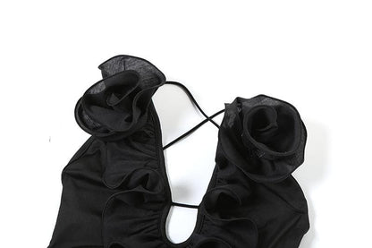 Flower applique ruffle lace up mesh cami jumpsuit