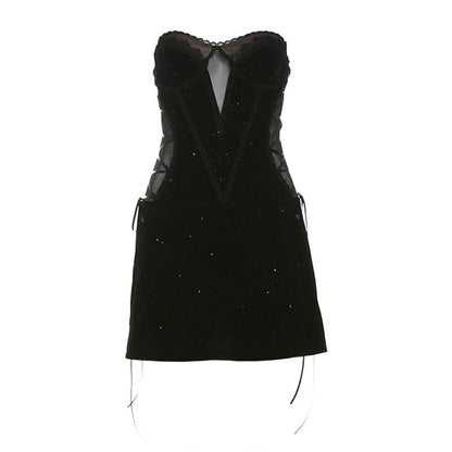 Sweetheart neck velvet lace up mesh beaded mini dress