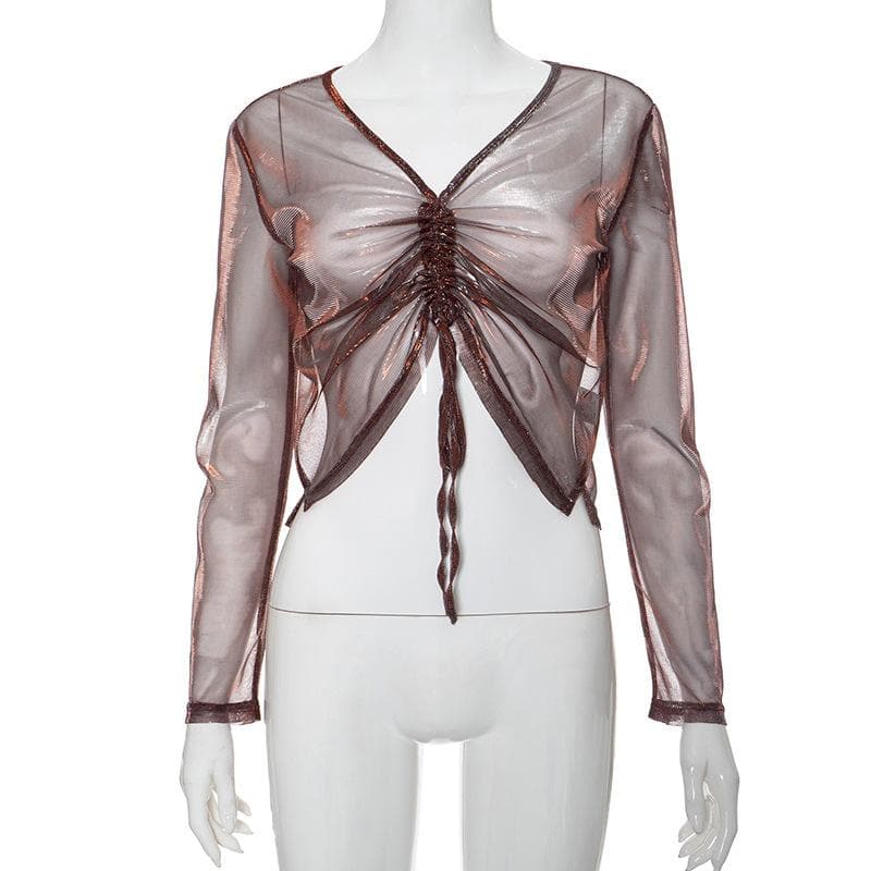 Long sleeve v neck drawstring ruched mesh top