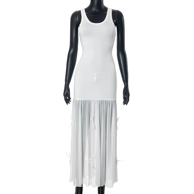 U neck mesh patchwork bowknot 2-way midi dress