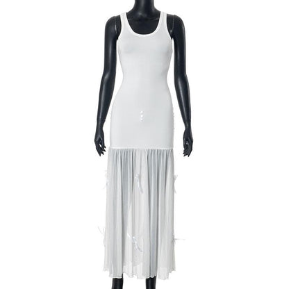 U neck mesh patchwork bowknot 2-way midi dress