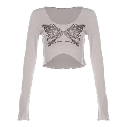 Butterfly pattern ruffle long sleeve contrast crop top