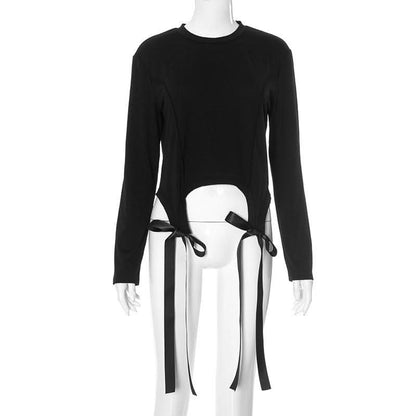 Long sleeve crewneck bowknot solid top