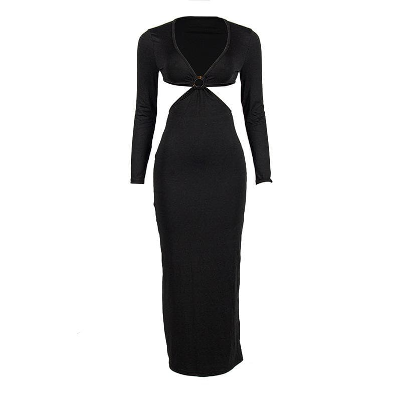 Solid o ring long sleeve v neck hollow out cut out maxi dress