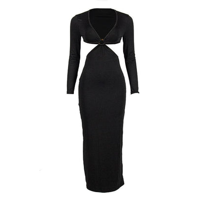 Solid o ring long sleeve v neck hollow out cut out maxi dress