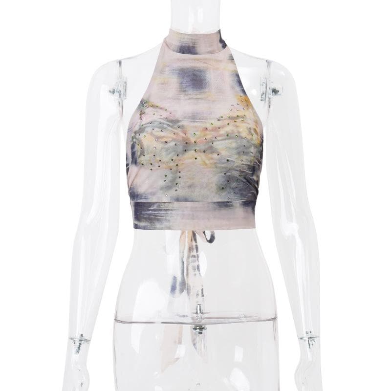 Tie dye beaded halter self tie backless contrast crop top